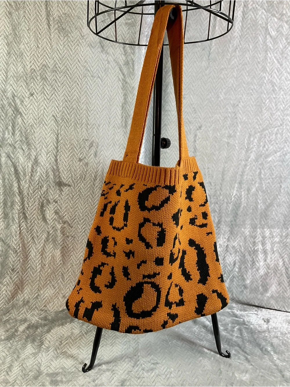 Leopard Knit Hobo Bag in Burnt Orange and Black